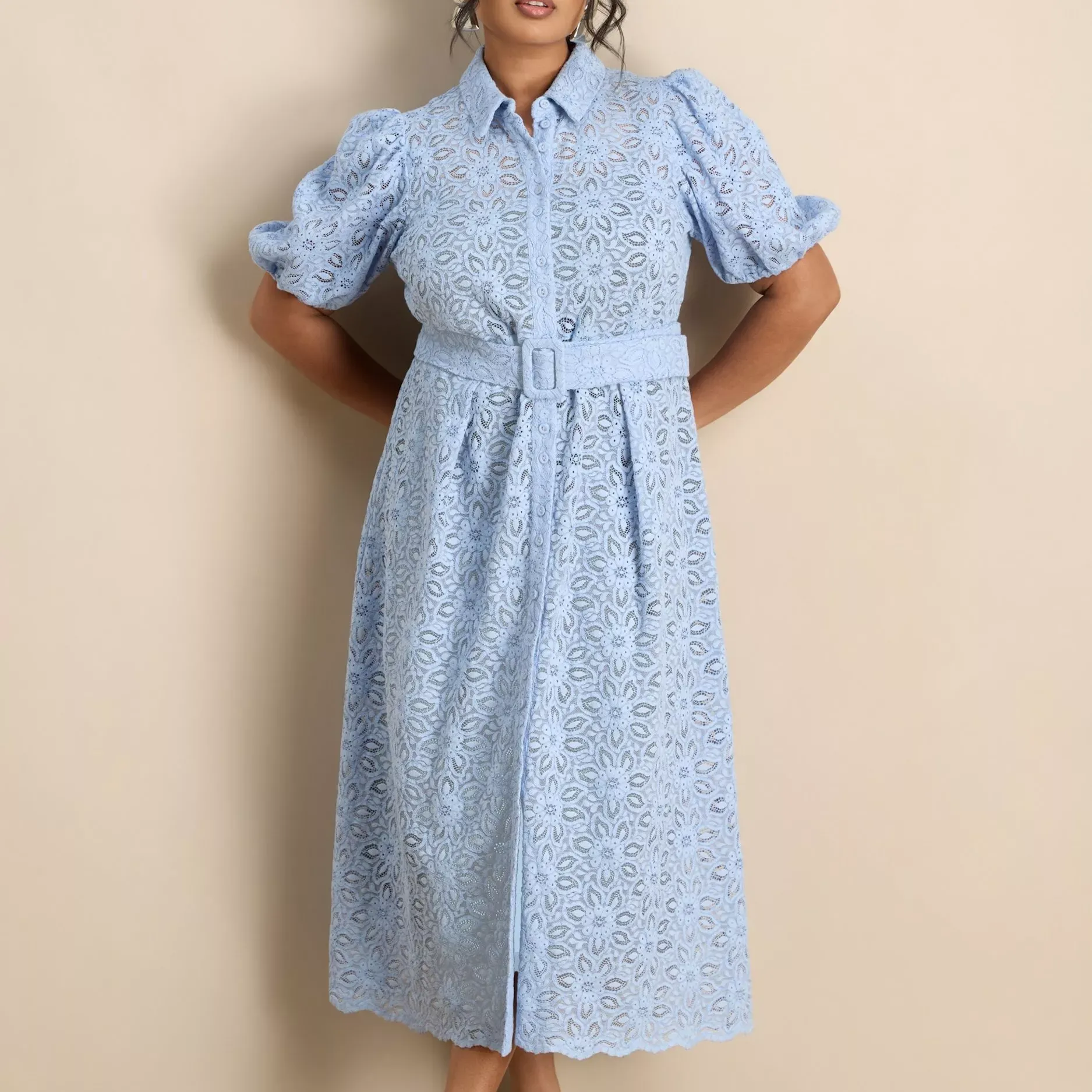 Live Unlimited Belted Lace Shirt Dress