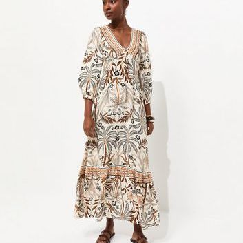 Cream Lotus and Palm Tree Print Midi Dress