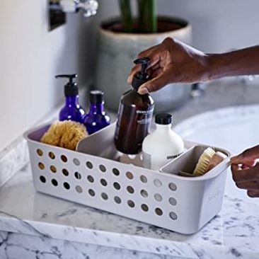 Joseph Joseph Easystore - Bathroom Essentials Storage Basket Organiser With Moveable Pot and Divider, Slimline- Ecru