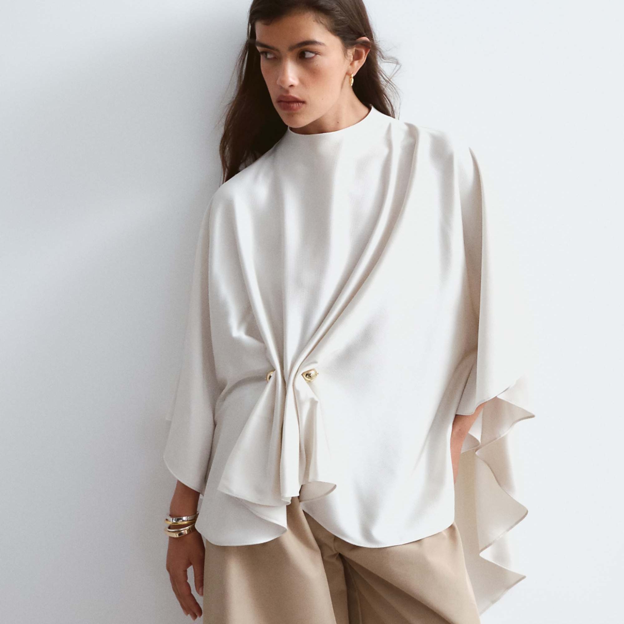 Arrange Satin Drape Top With Hardware Detail in Oyster