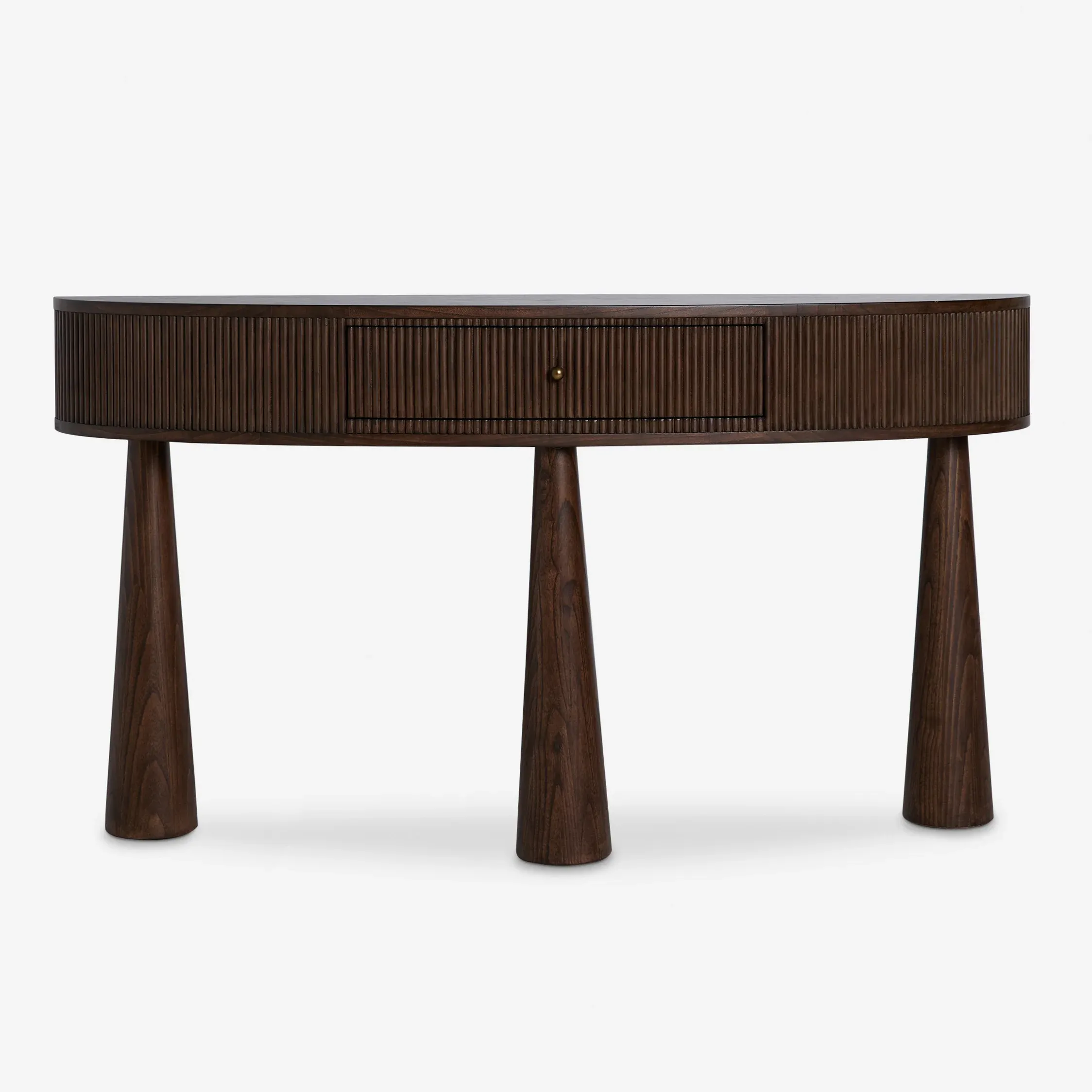 Dark wood demi-lune console table with fluted detailing, a central drawer, and tapered legs, designed with a shallow profile ideal for small spaces.