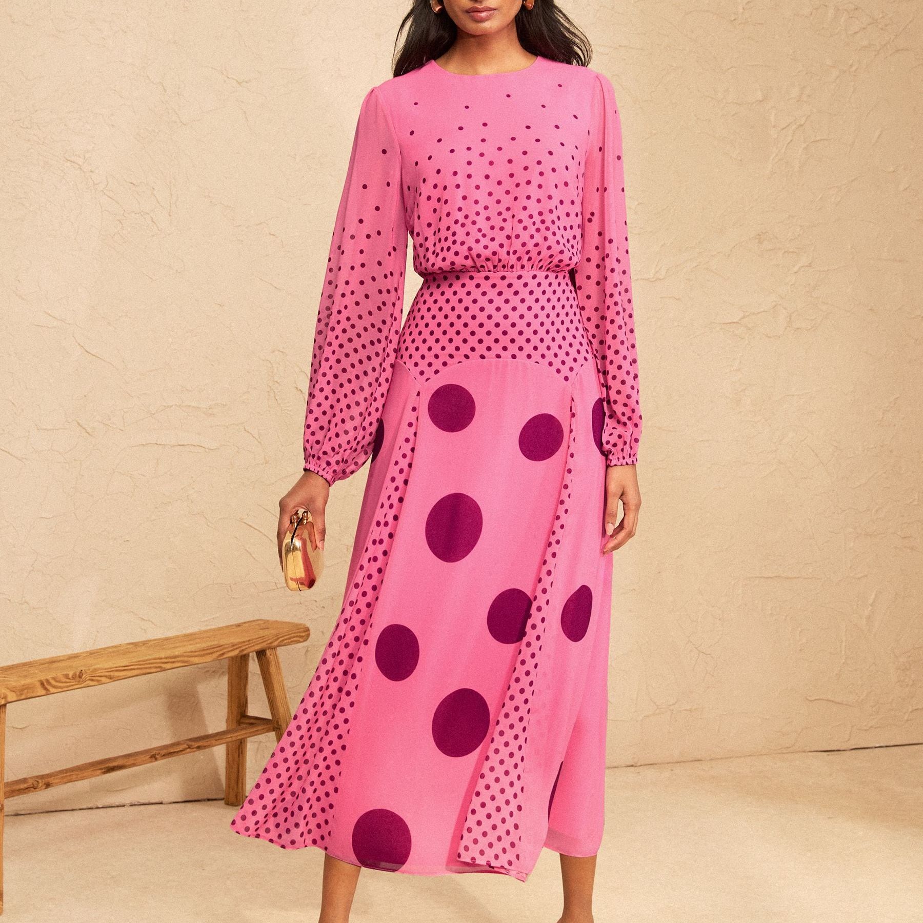Love &amp;amp; Roses Pink Spot Chiffon Godet Skirt Midi Dress