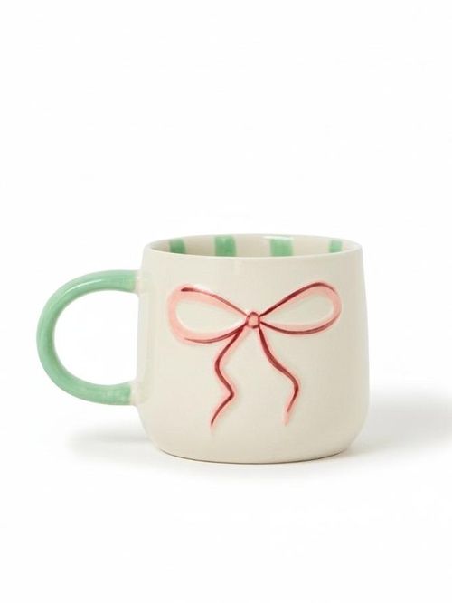 Cream Ceramic Stripe Bow Mug 