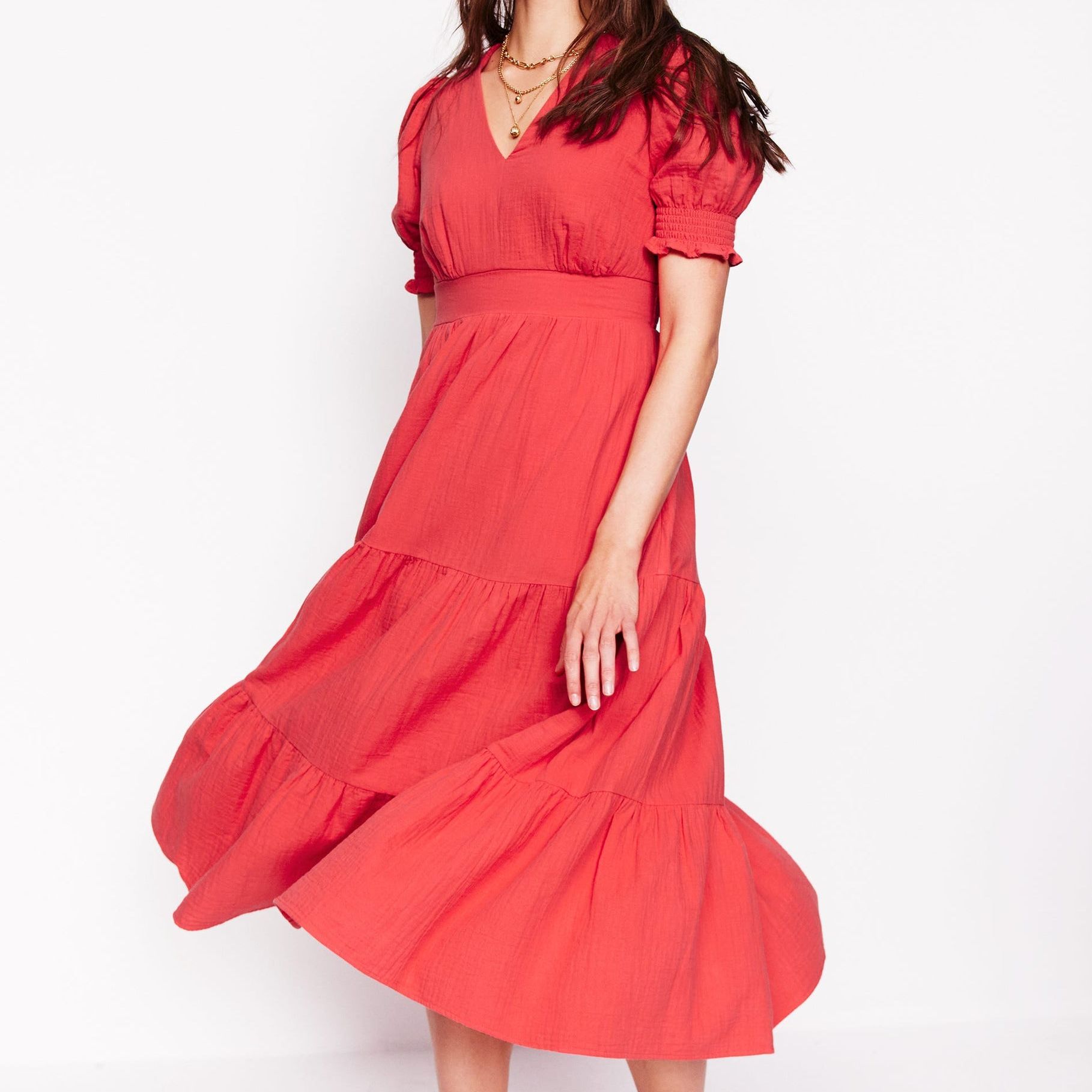 Anna Double Cloth Midi Dress-Jam Red