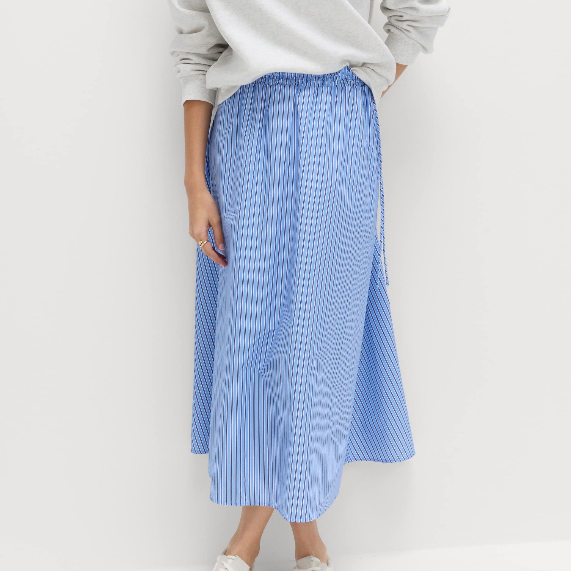 Pure Cotton Poplin Striped Pleated Midi Skirt