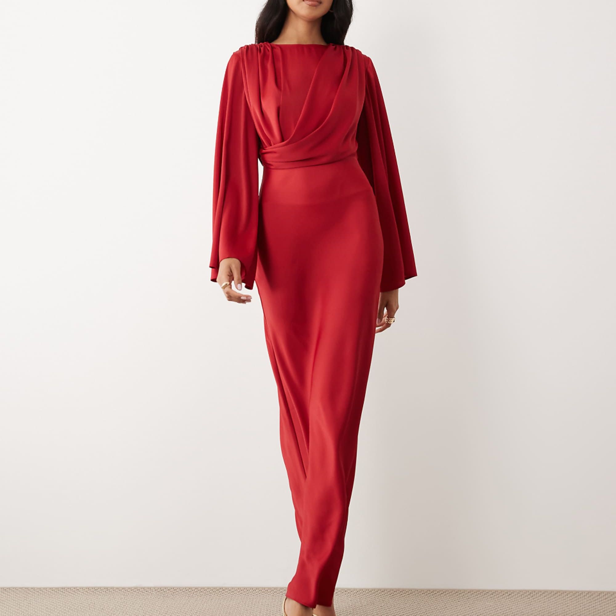 Asos Design Flute Sleeve Draped Dress in Red