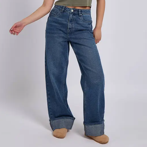 turn-up blue, wide leg denim jeans