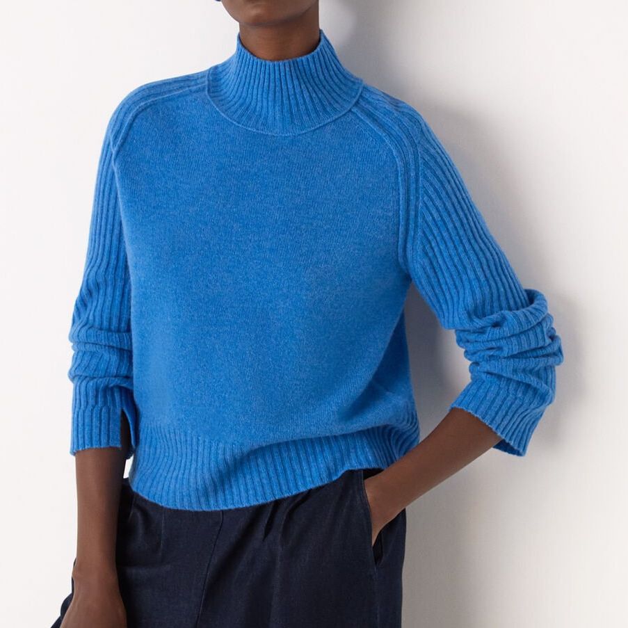 Blue Wool Funnel Neck Knit