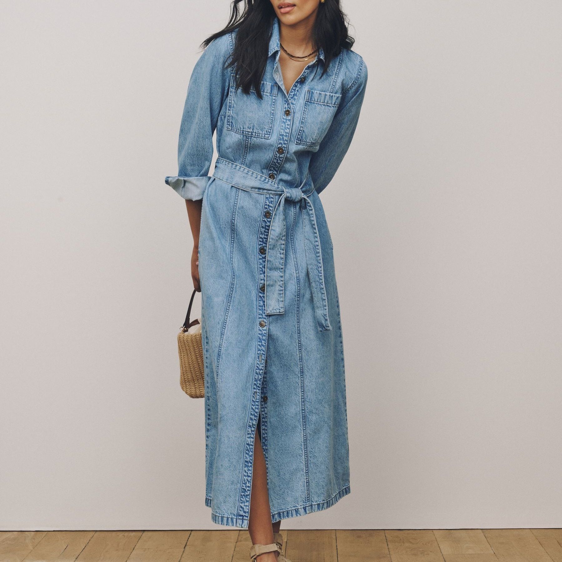 Bleach Blue Belted Midi Denim Shirt Dress
