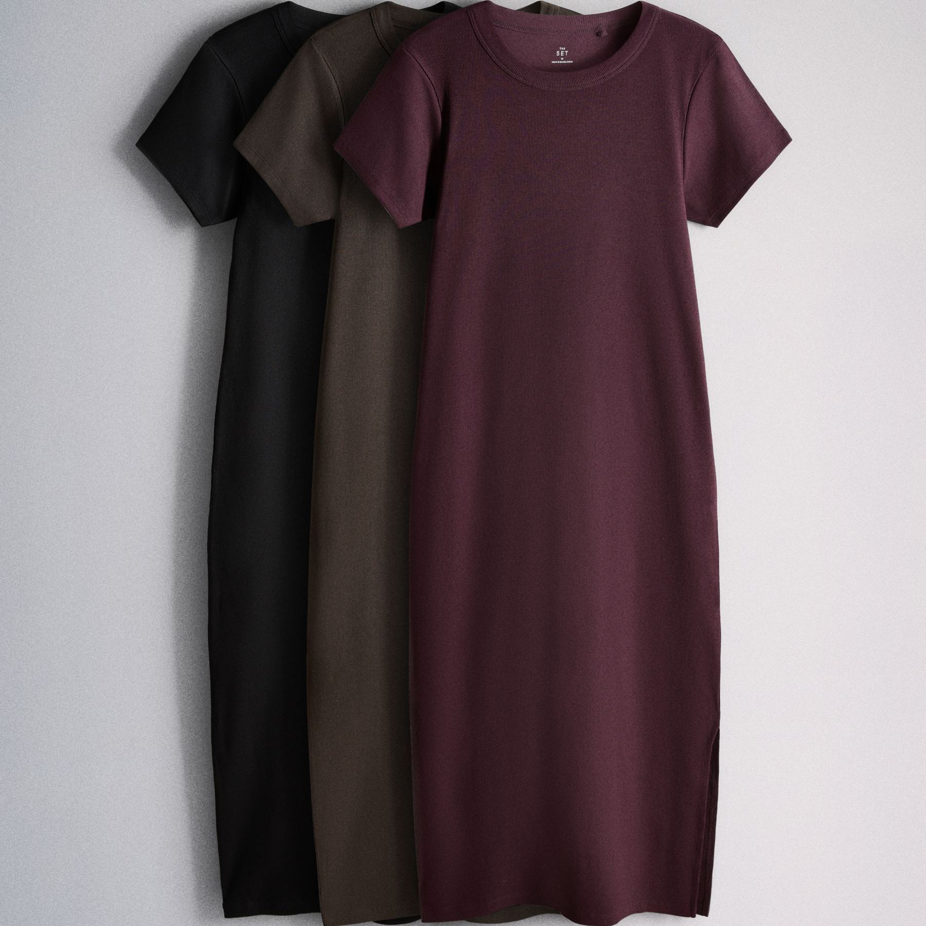 The Set 3 Pack Ribbed Midi Jersey Dresses Plum Purple/brown/black - Size X-Small