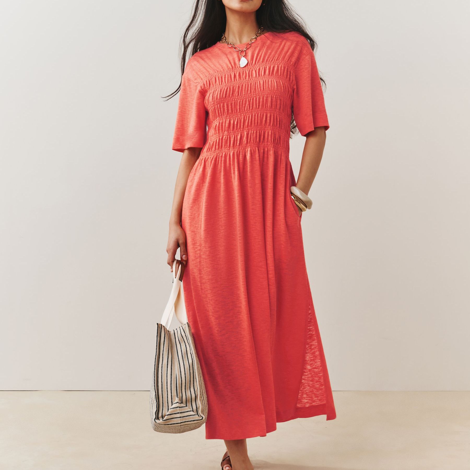 Coral Orange Short Sleeve Shirred Body T-Shirt Midi Dress - Size 6