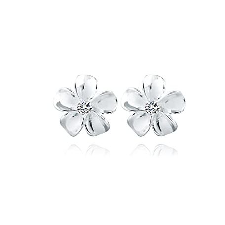Reffeer Solid 925 Sterling Silver Plumeria Flower Earrings Studs for Women Teens Cz Flower Stud Earrings (a-Silver)