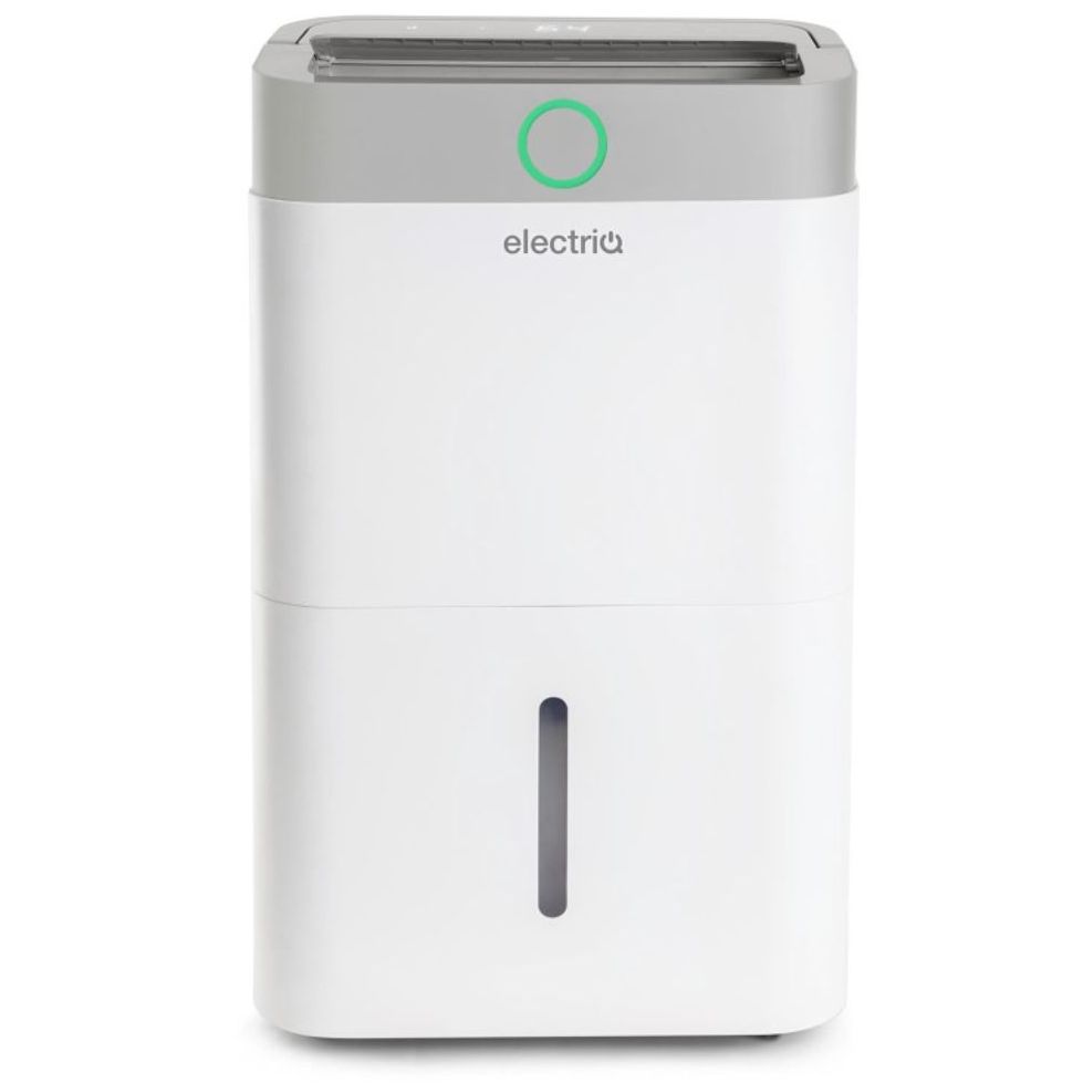 White dehumidifier with a green light and the words electriQ&amp;nbsp;on it
