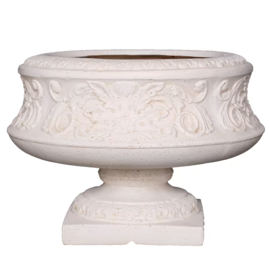Aged 16.25" White Cast Stone Fiberglass Ornate Urn Planter