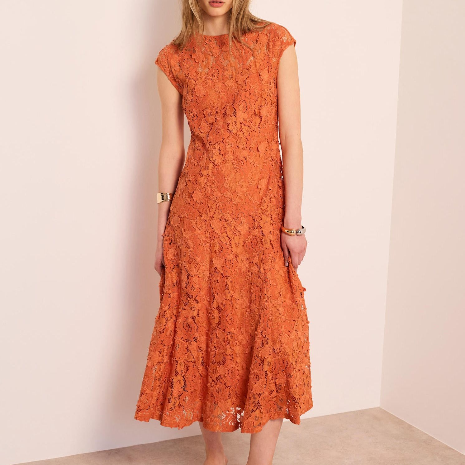Orange Lace Midi Dress