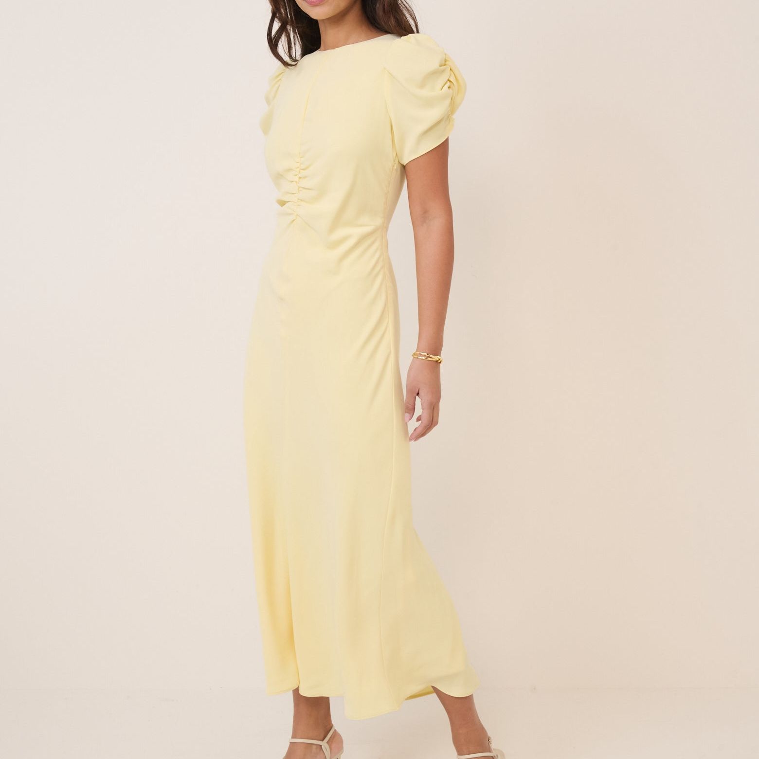 Butter Yellow Ruched Naomi Midi Dress