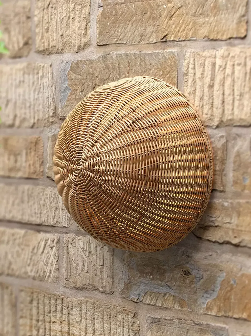 Lg Outdoor Cerchio Woven Rattan Rechargeable Garden Wall Lamp, 40cm, Sesame