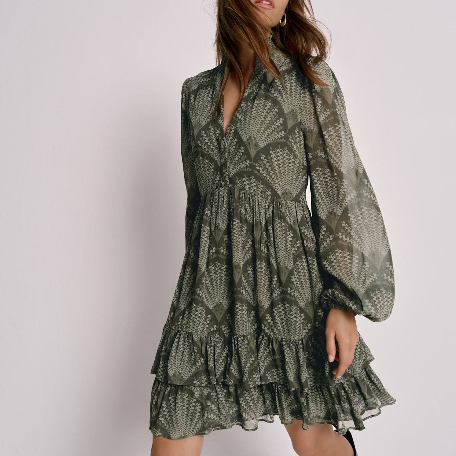 Khaki Printed Long Sleeve Mini Dress
