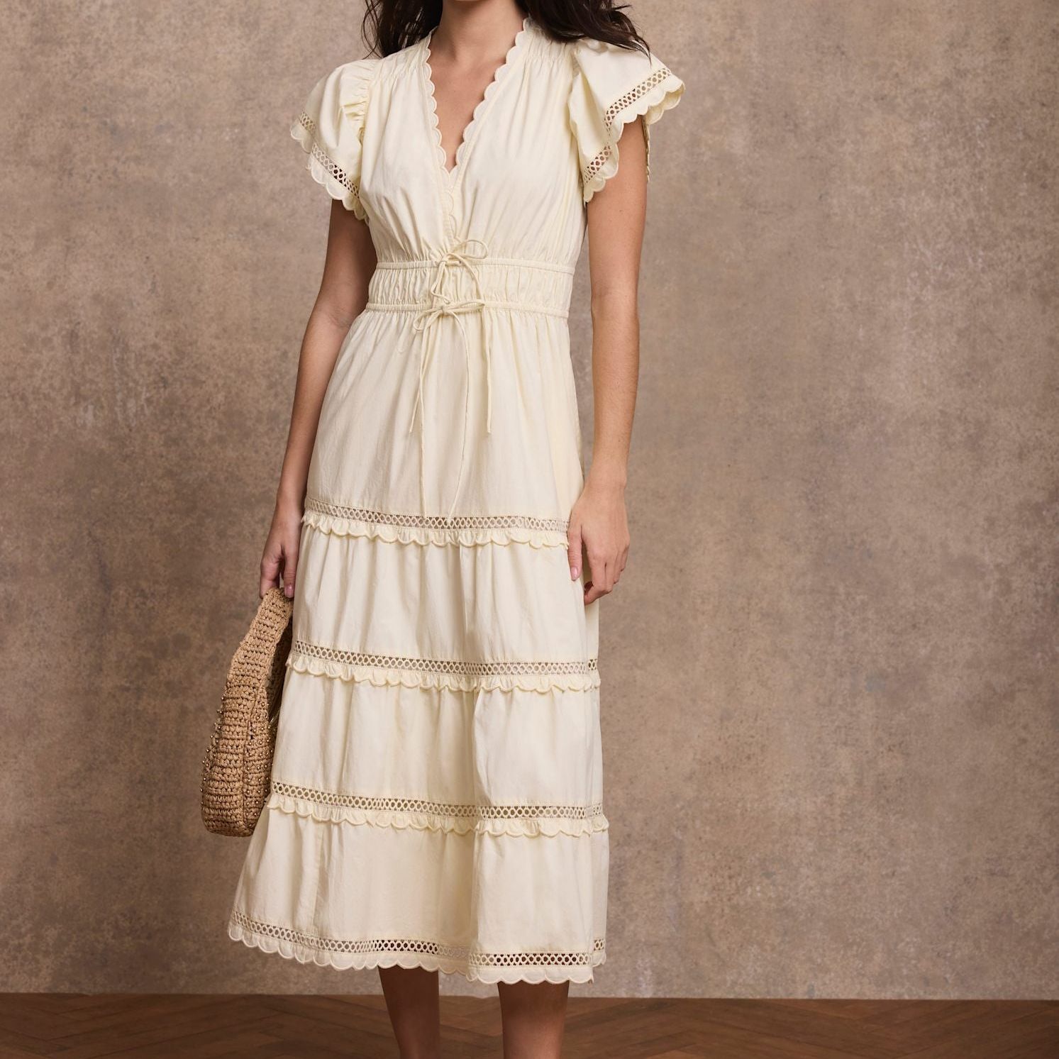 Abito Maxi in Cotone Giallo con Rouches