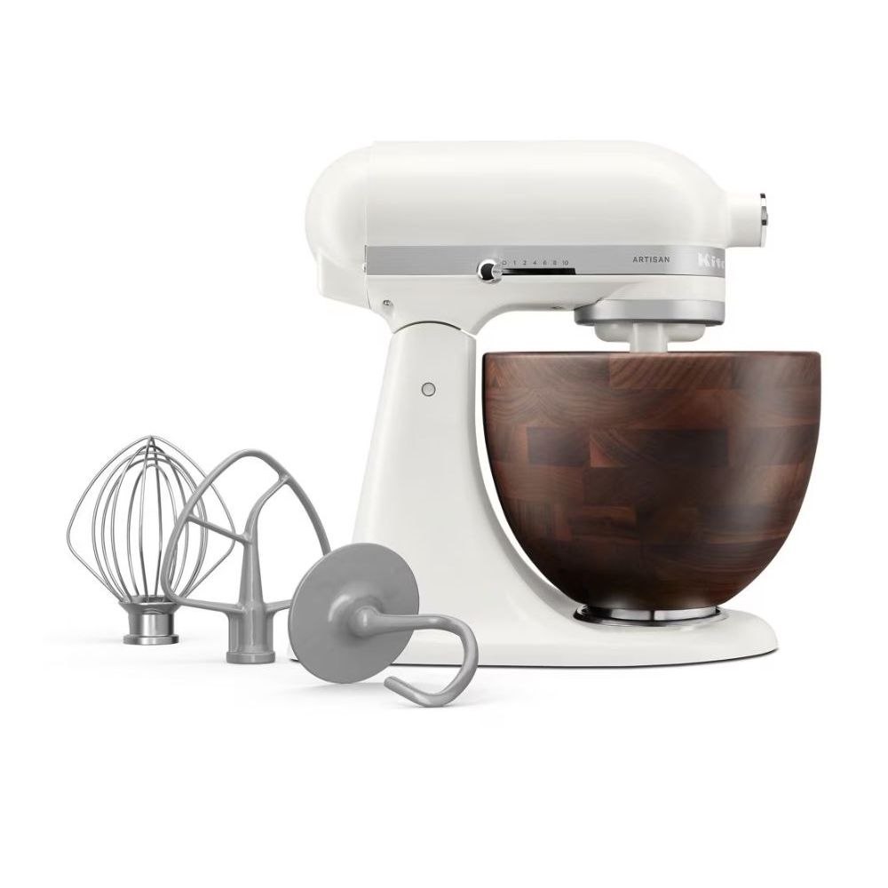White stand mixer with walnut wood bowl
