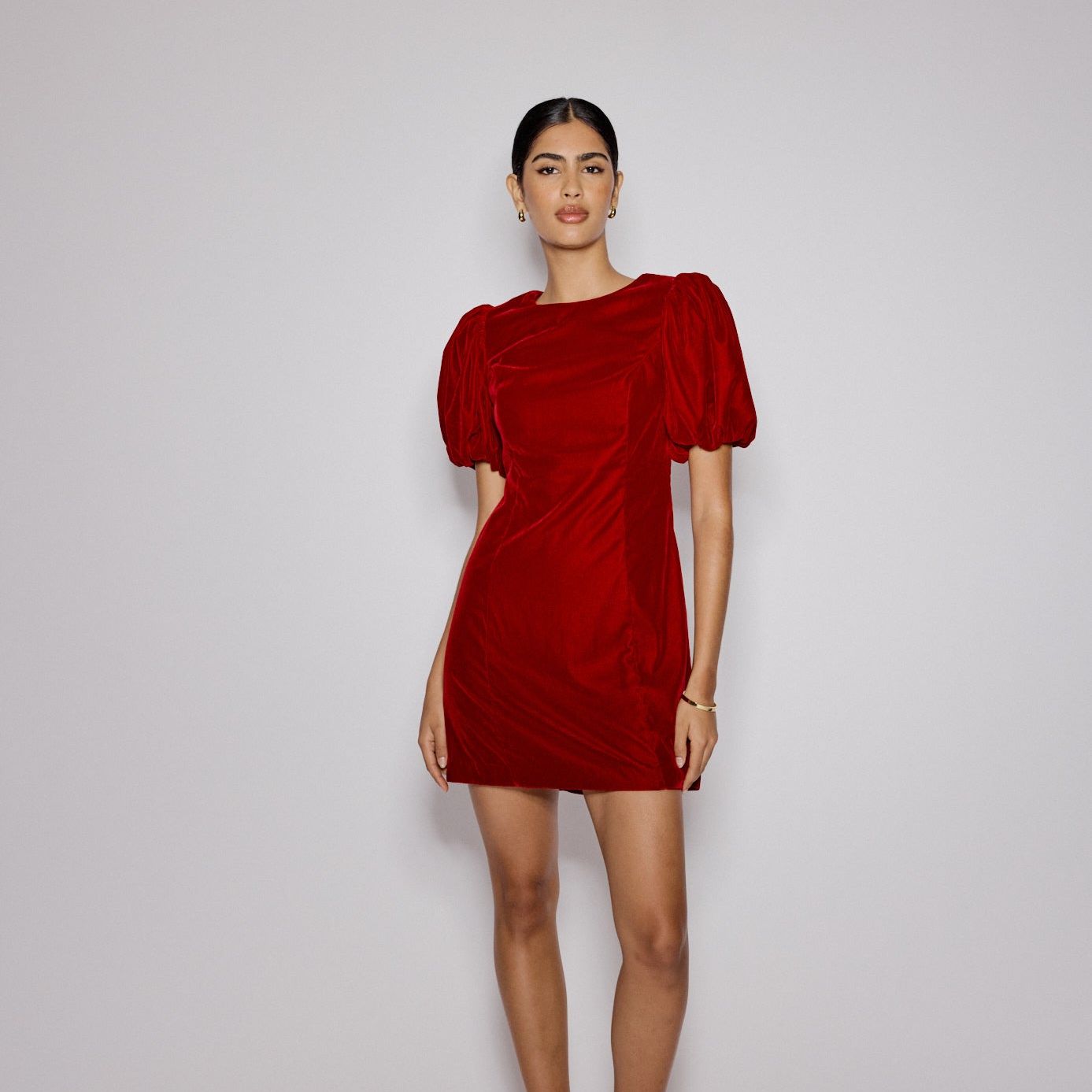 Red Velvet Puff Sleeve Boston Mini Shift Dress