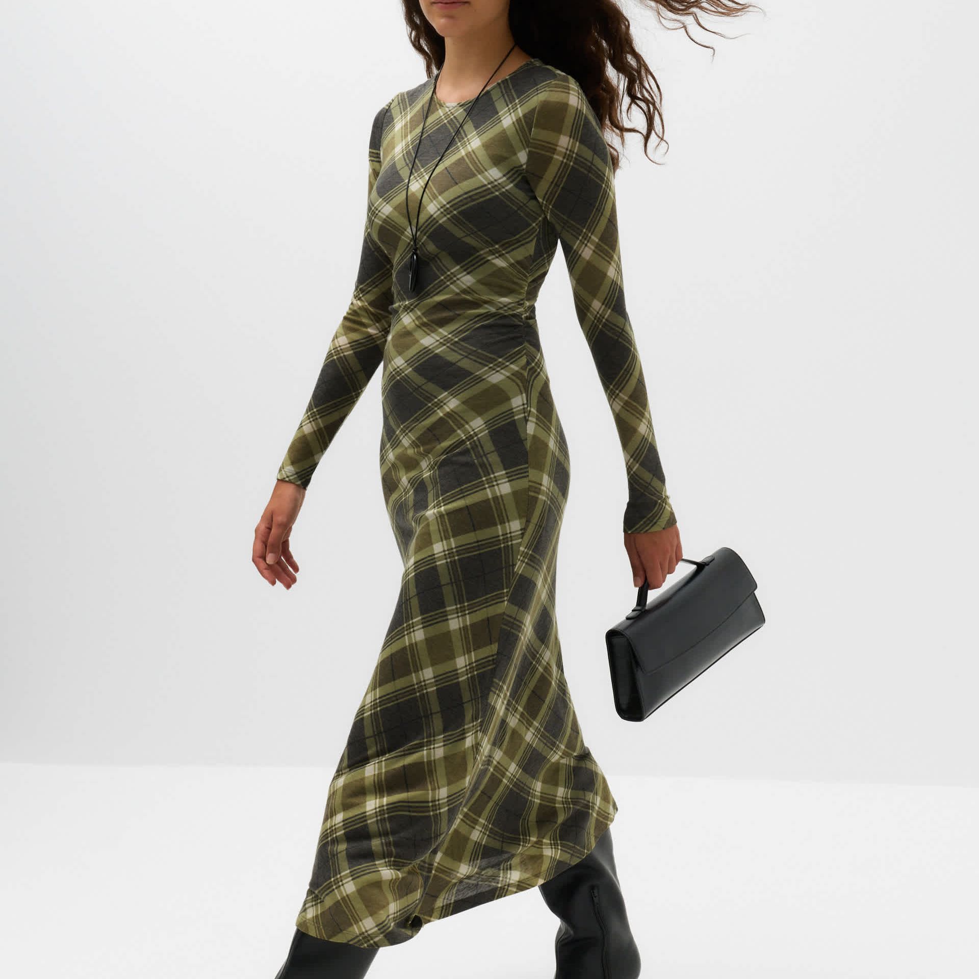 Lyocell Blend Checked Midi Column Dress