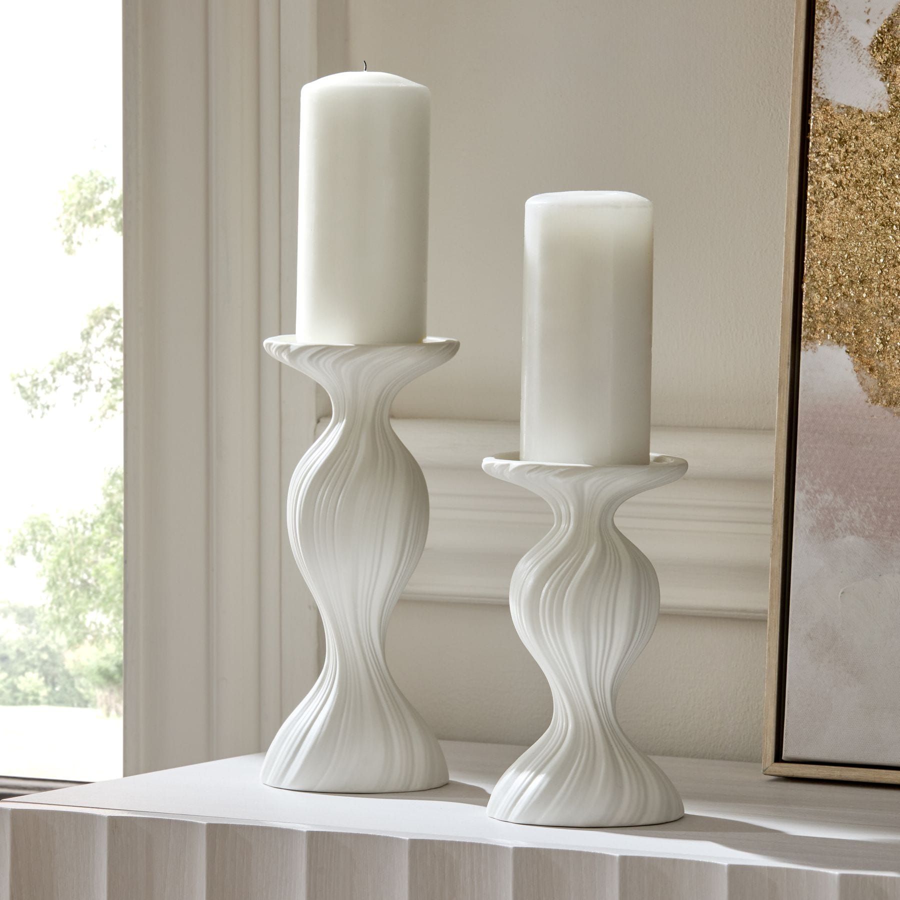 White Ceramic Pleat Pillar Candlestick - Size Small
