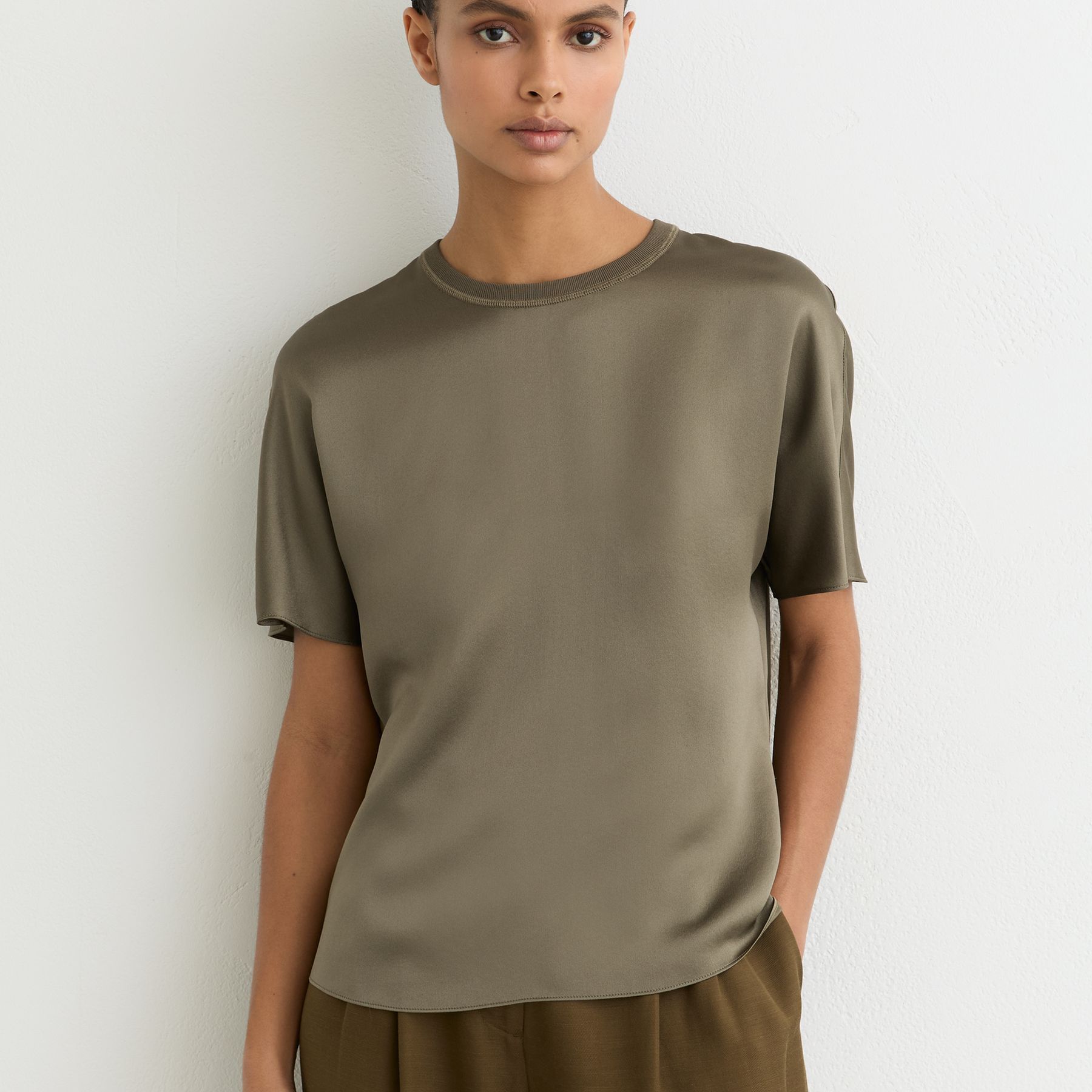 Silk Short-Sleeve Top in Khaki Green