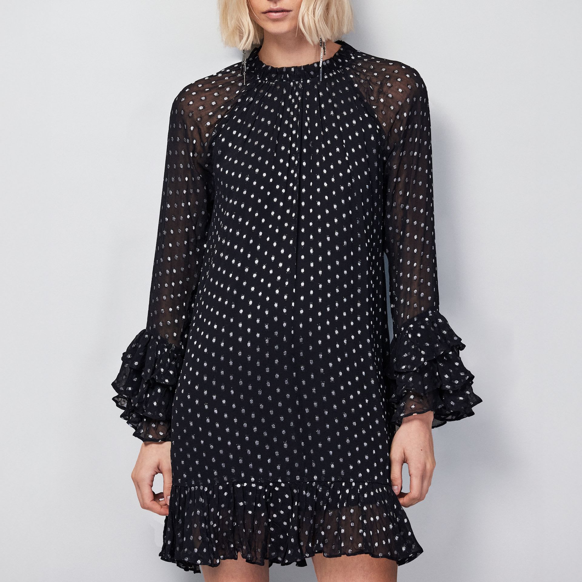 High Neck Frill Sleeve Mini Smock Dress