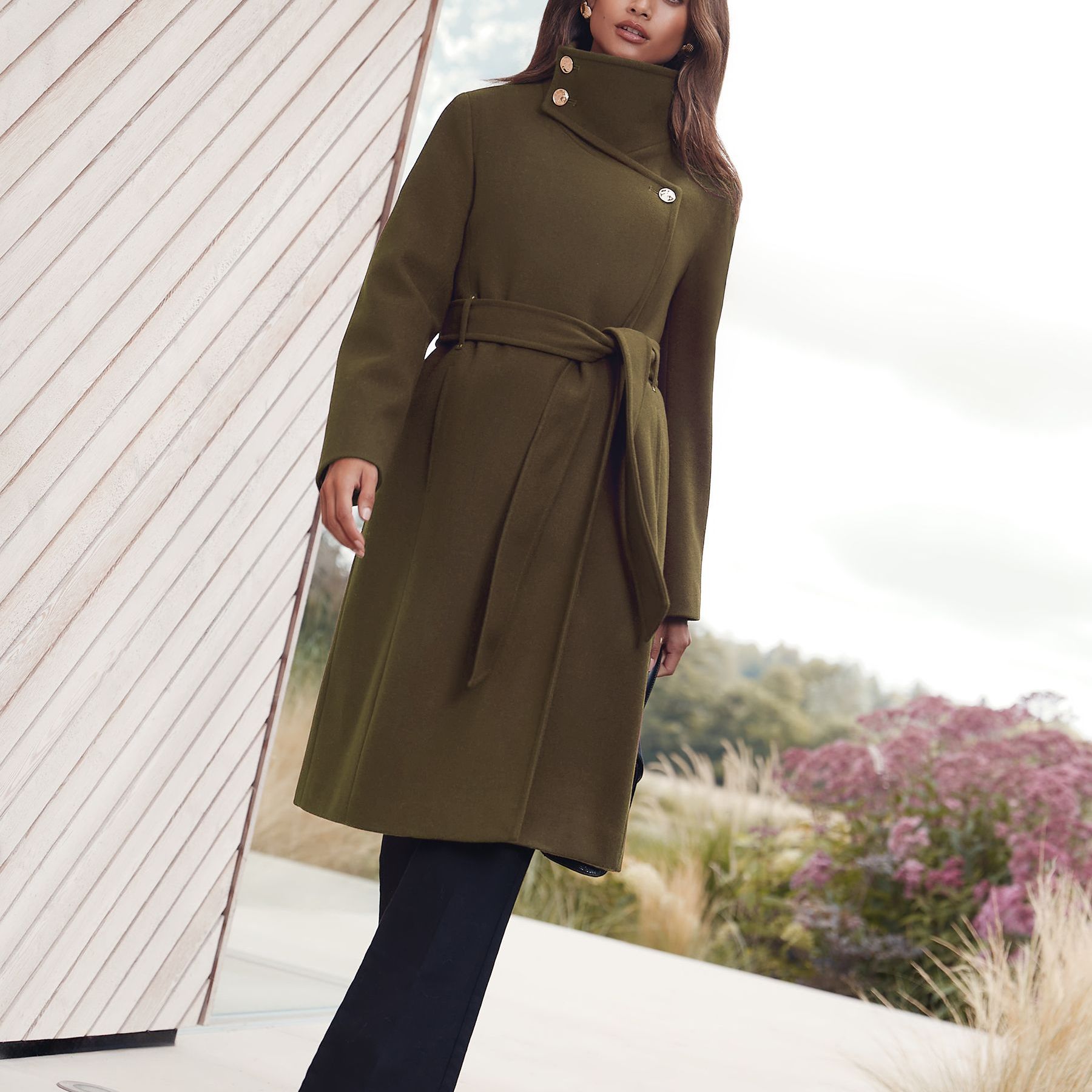 Lipsy Olive Green Asymmetrical Funnel Neck Belted Coat