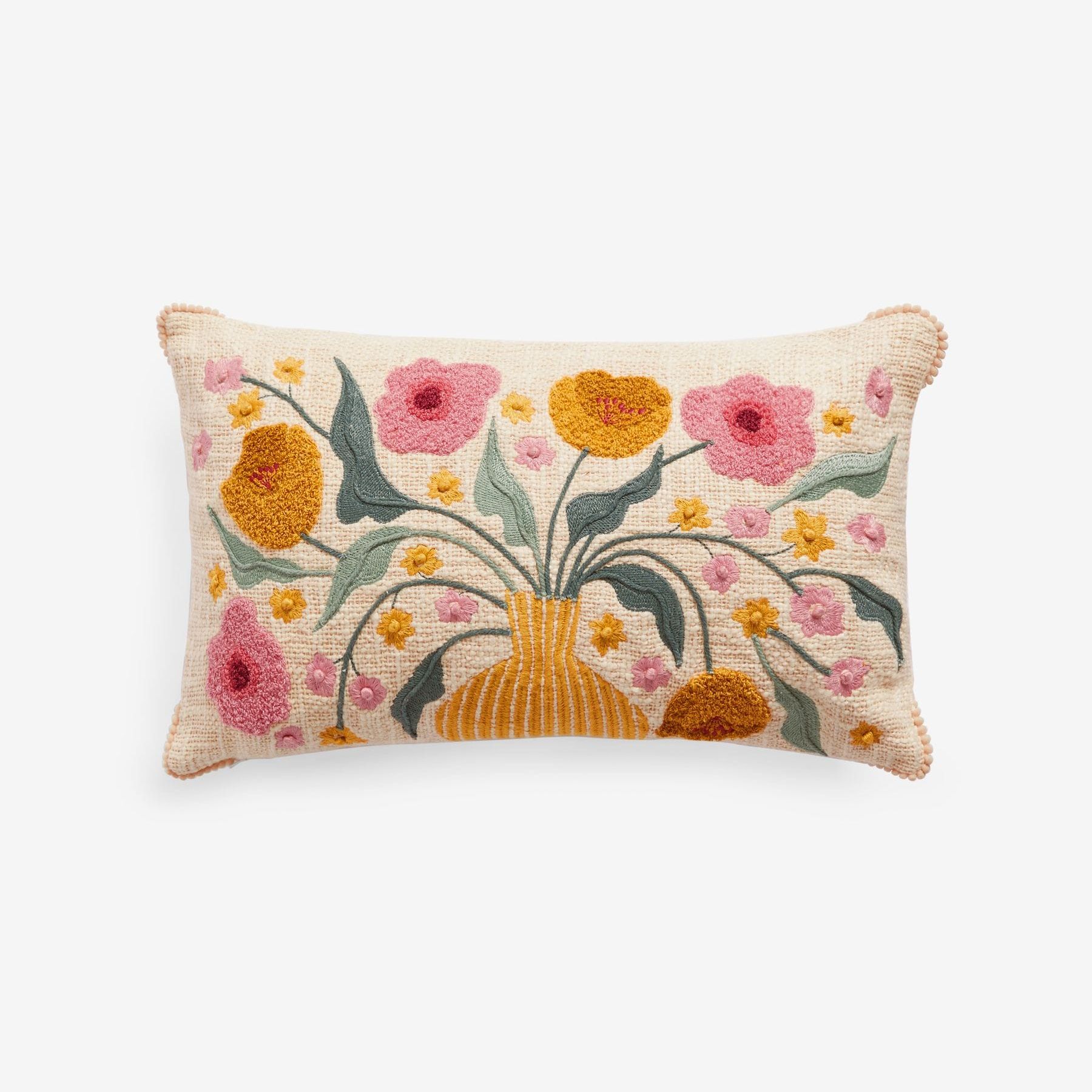 Cream 50 X 30cm Embroidered Flower Vase 100% Cotton Cushion - Size 50x30
