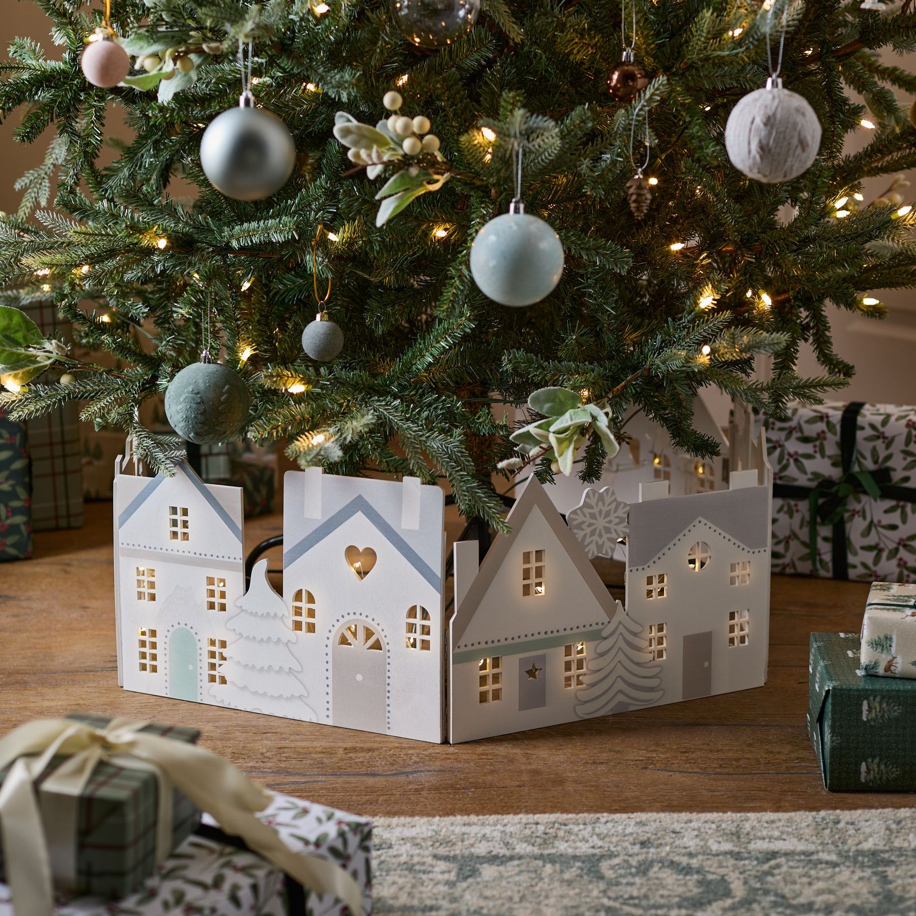 Snowy Lit Wooden Christmas Tree Skirt