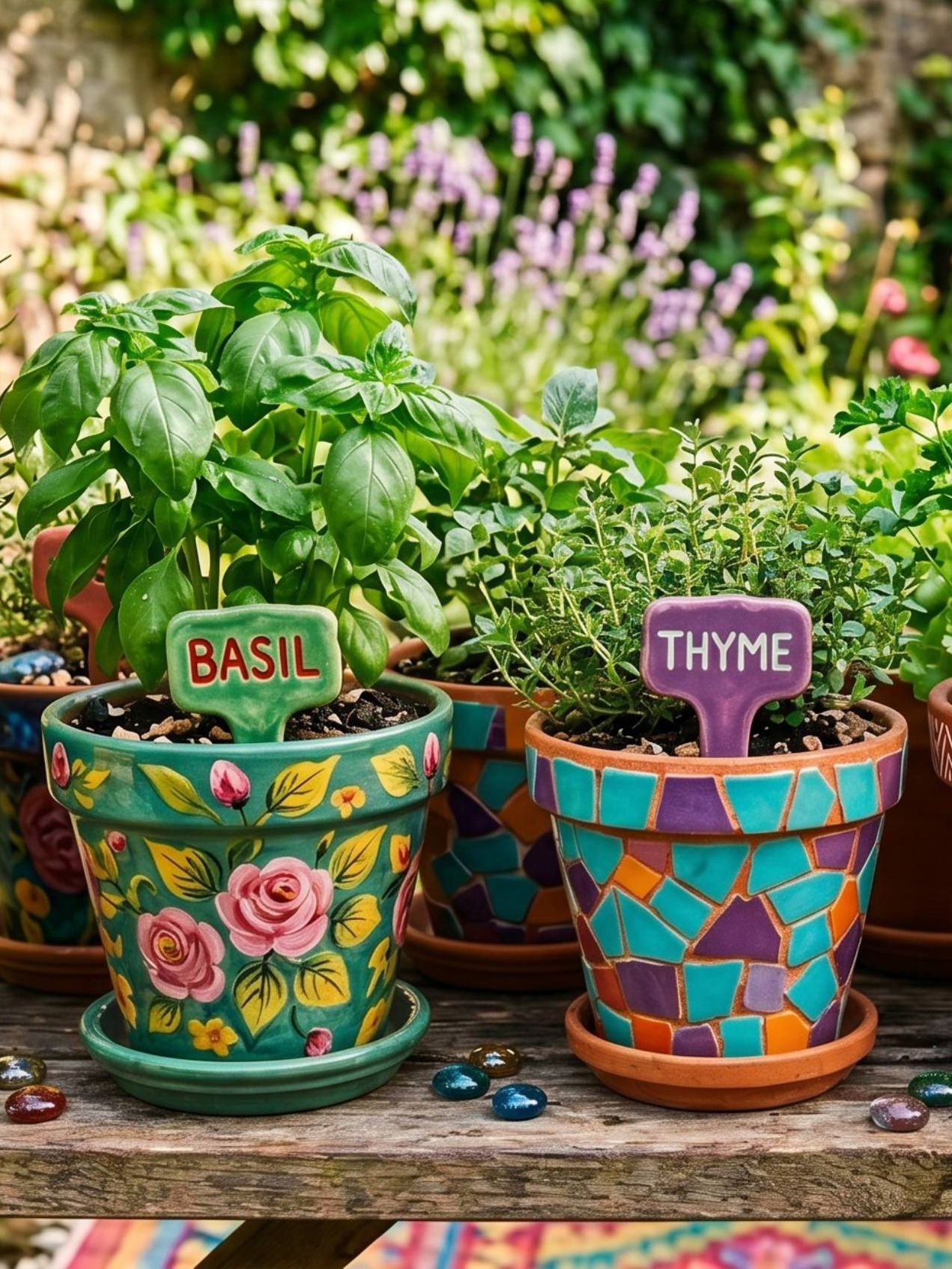 Colorful containers of herbs with clay name tags in each one