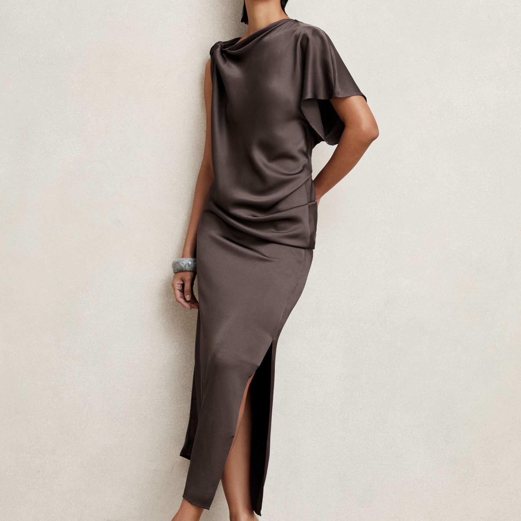 Satin Asymmetric Draped Midi Dress in Mauve