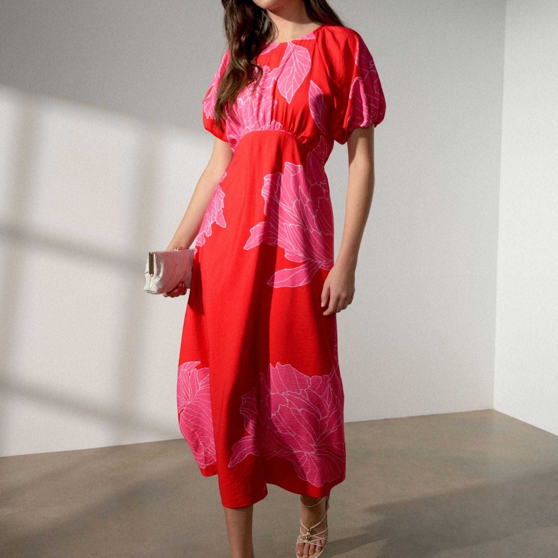Red/pink Floral Printed Puff Sleeve Midi Dress - Size 4