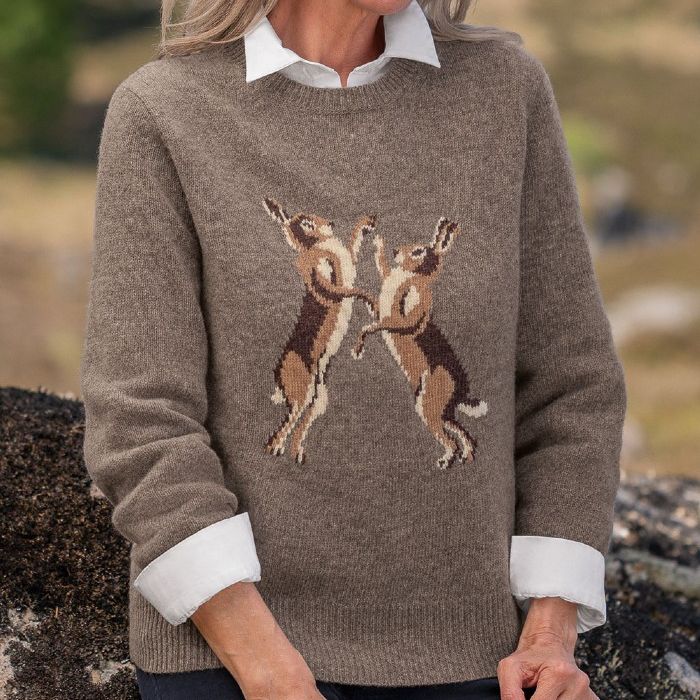 Ladies Lambswool Graphic Crew Neck Jumper Hare