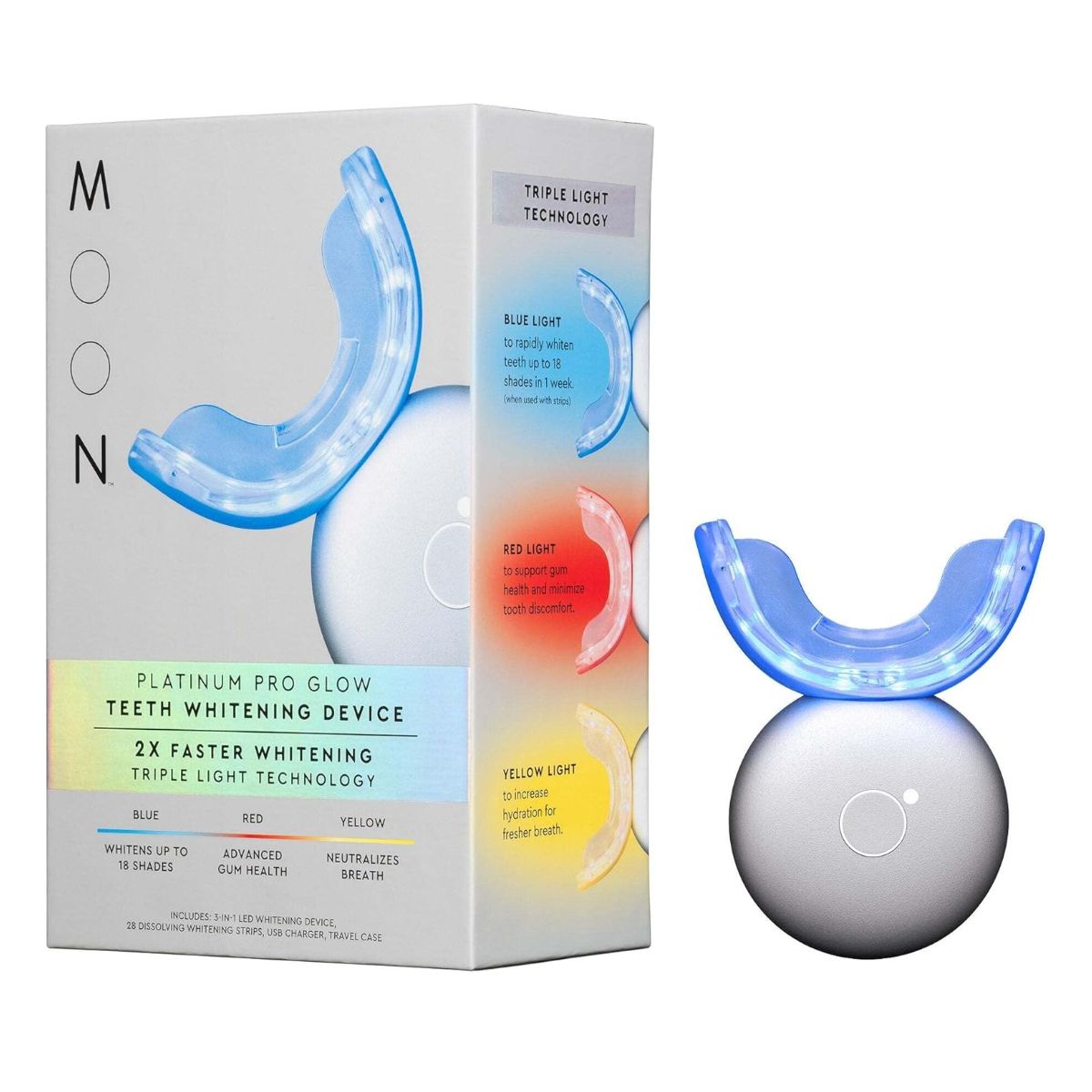 Moon Teeth Whitening Kit, Platinum Teeth Whitener Led Device, 28 Dissolving White Strips, Yellow, Blue amp;amp; Red Light Whitening Tray for Gum Health amp;amp; Fresh Breath, Whitens Up to 18 Shades (4 Piece Kit)