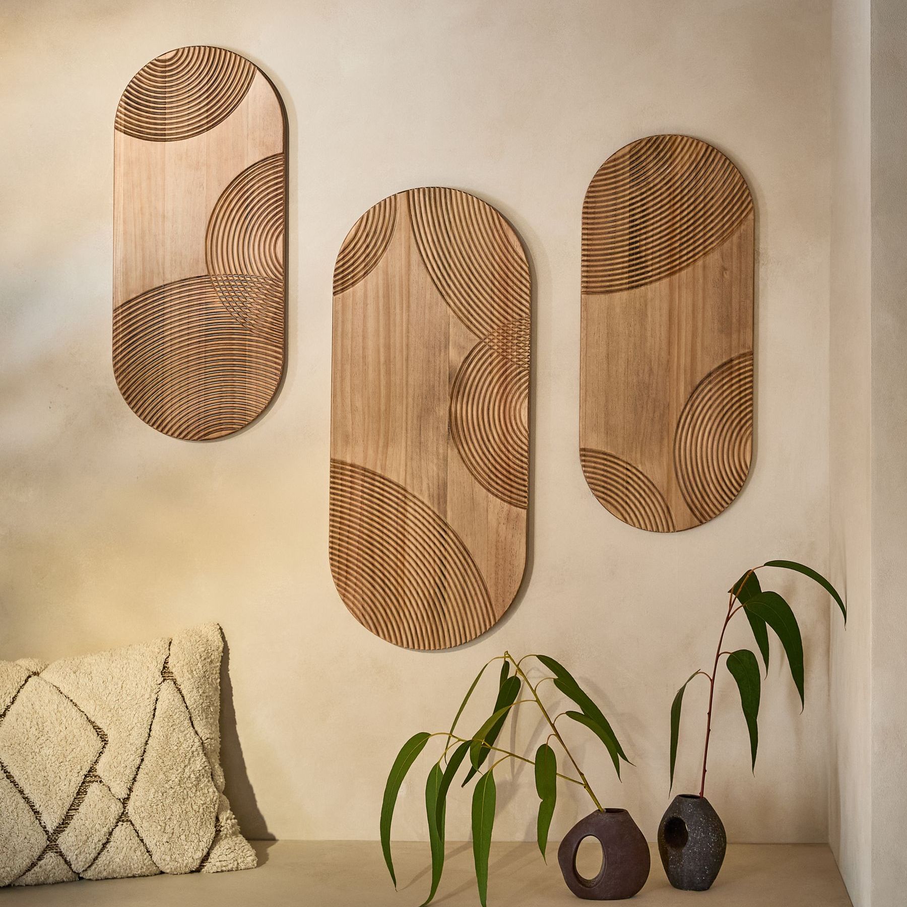 Set of 3 Neutral Wooden Global Carved Pill Wall Art