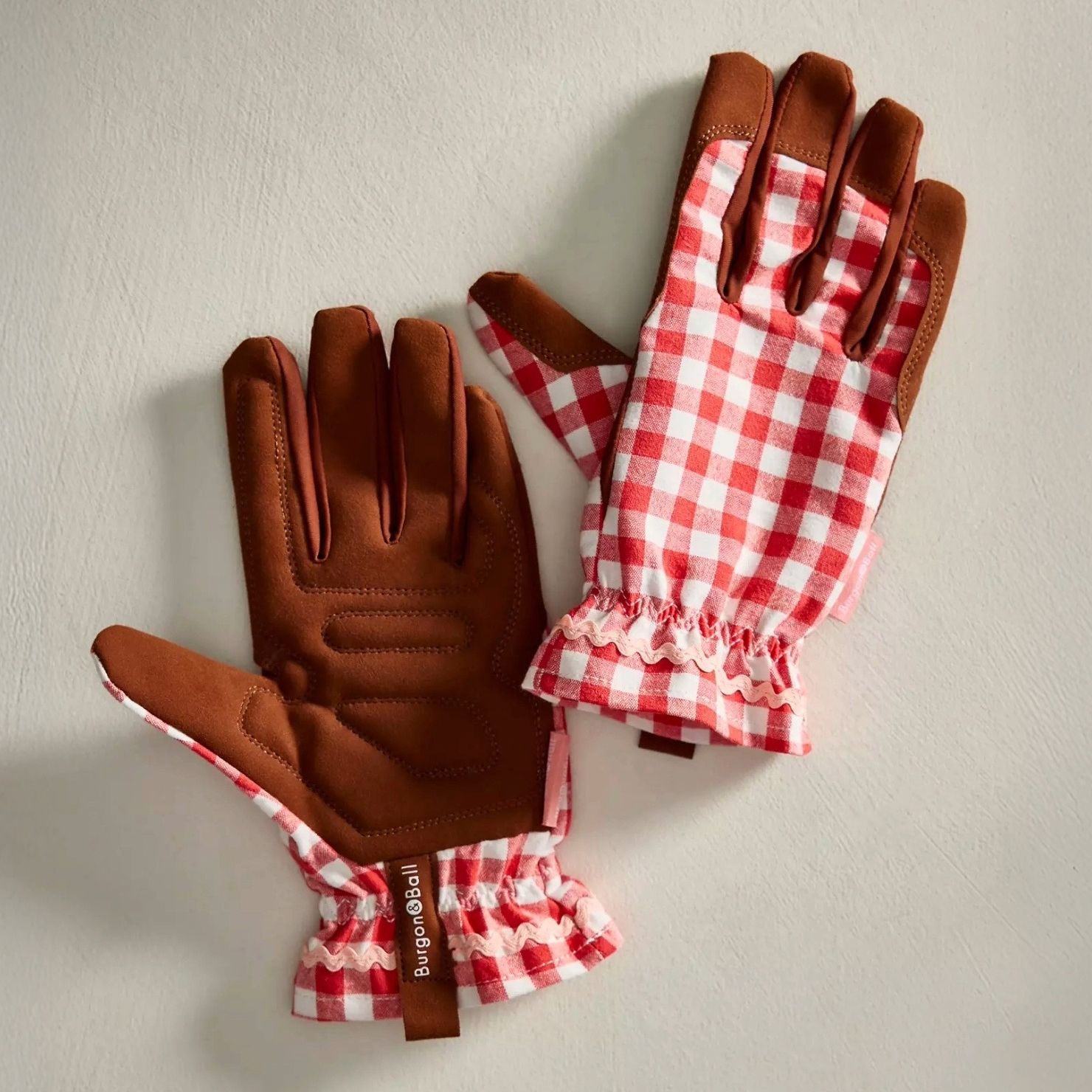 Red and white gingham gardening gloves