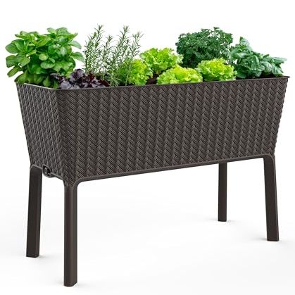 Keter Splendor 31.7 Gallon Raised Garden Bed With Self Watering Planter Box and Drainage Plug-Perfect for Growing Fresh Vegetables, Flowers and Herbs, Brown