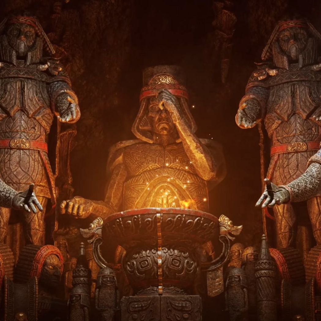 Fatekeeper - Several statues lined up, one is sitting with a fire in its lap.