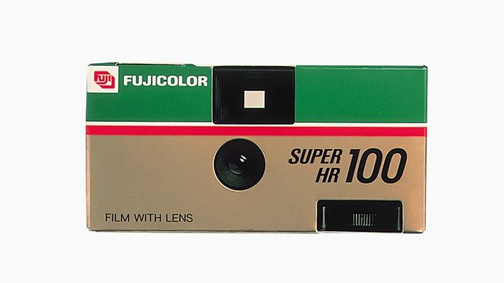 The first Fujifilm Quicksnap camera from 1986 on a white background