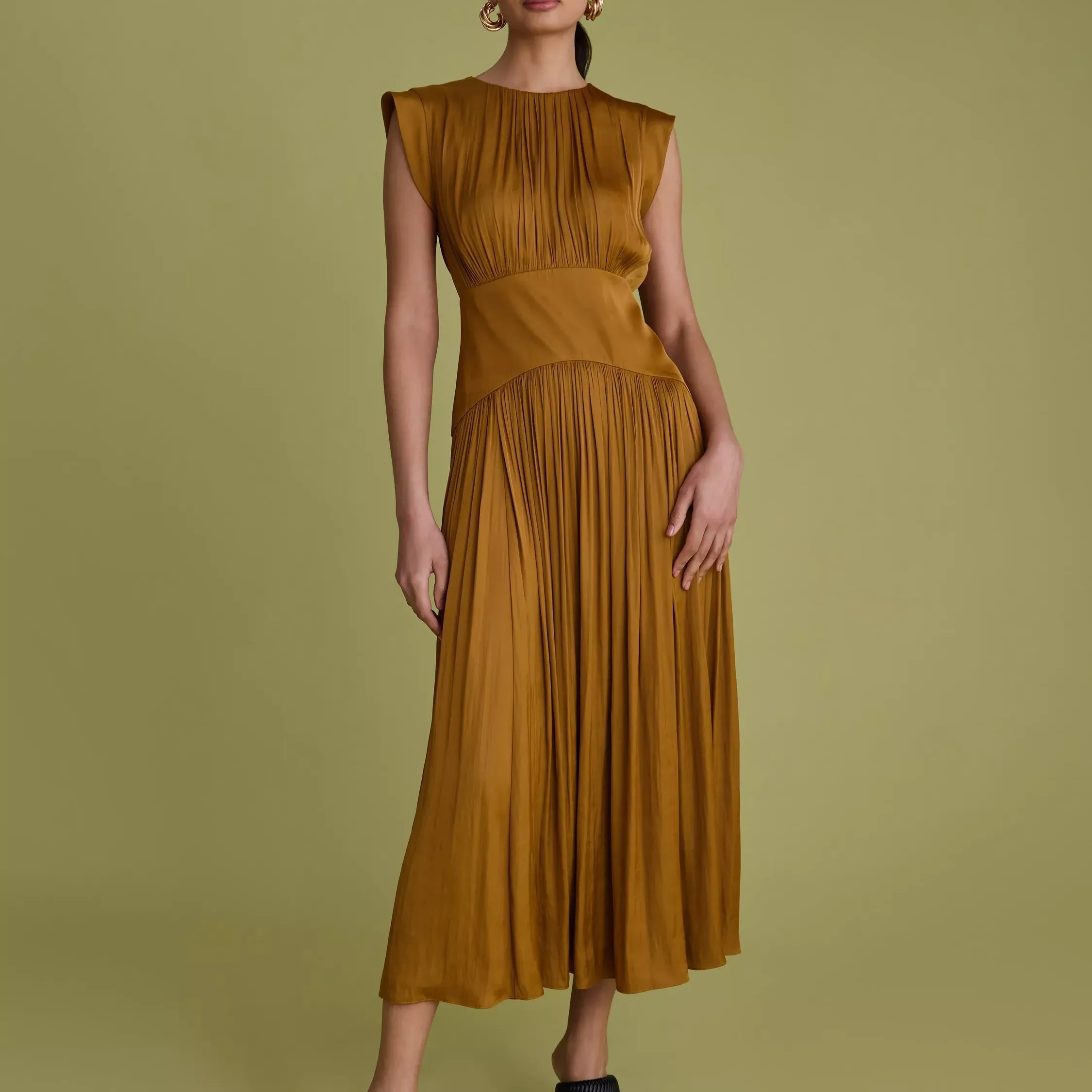 Florere Waist Panel Satin Midi Dress, Ochre