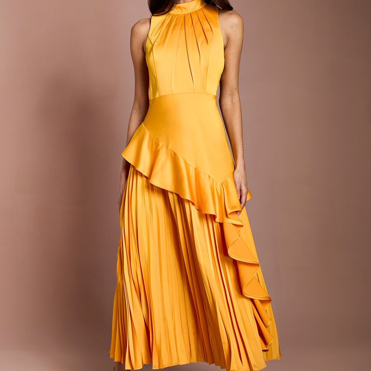 Sleeveless Ruffle Pleat Satin Back Crepe Dress