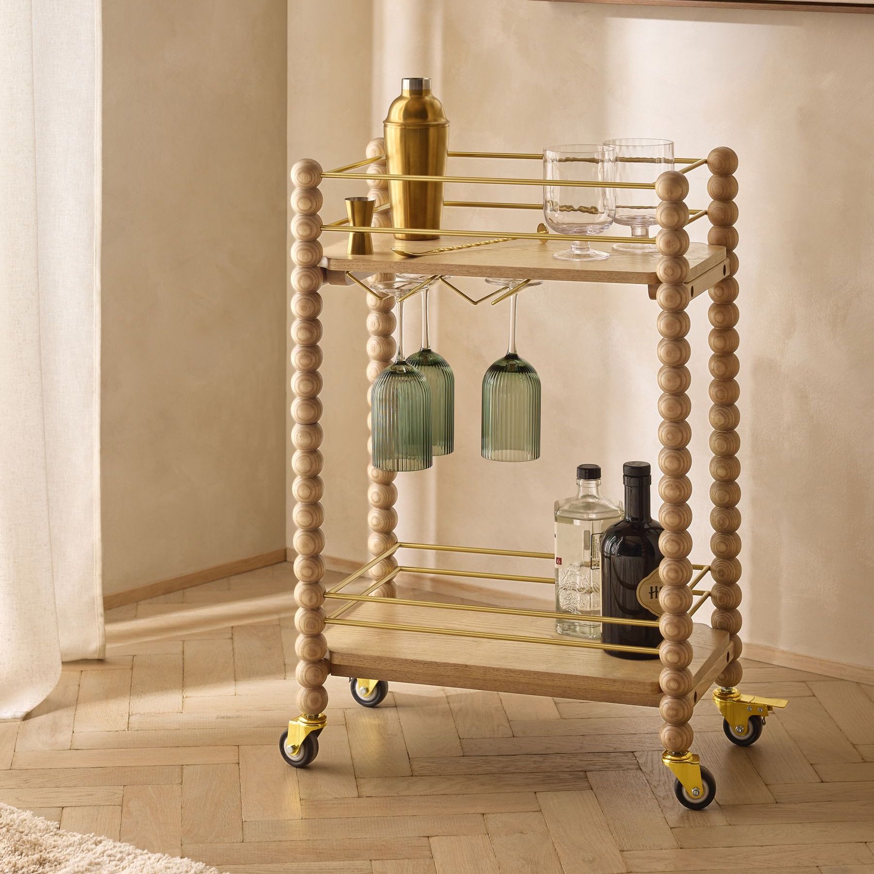 Natural Wood Bobbin Bar Trolley - Size One