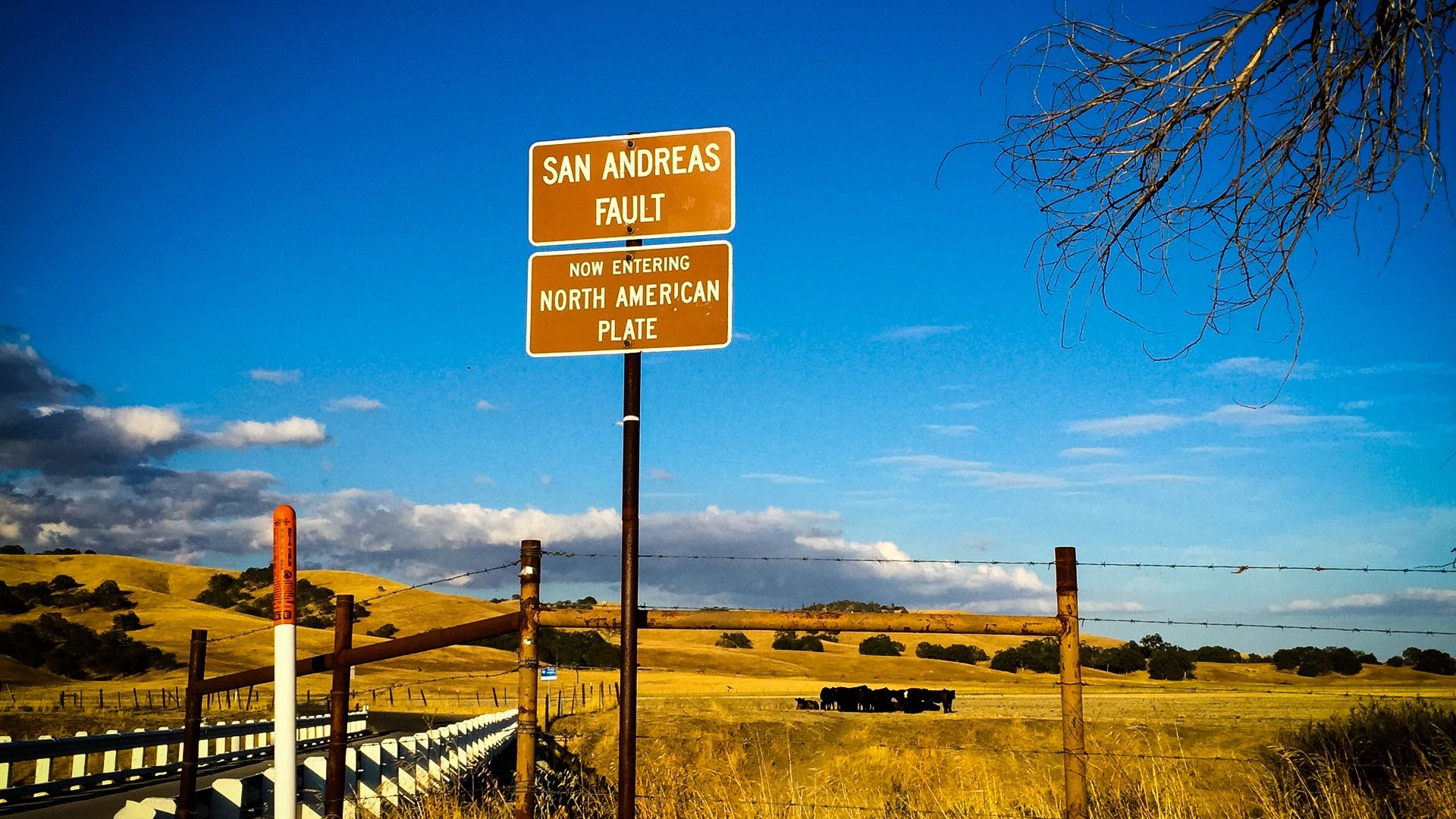 A sign marking the San Andreas fault line alongside a road.