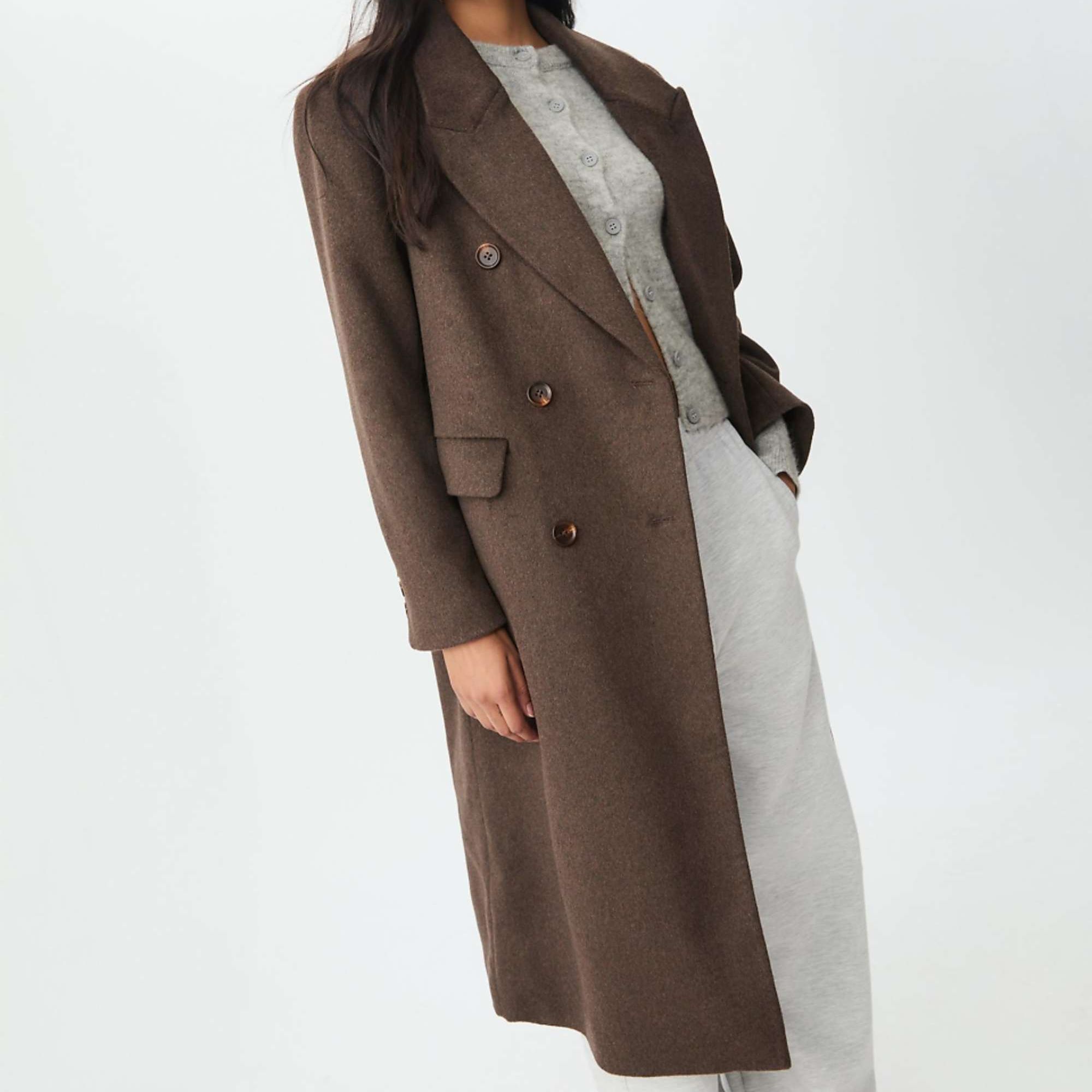 Stradivarius Long Double-Breasted Coat in Brown