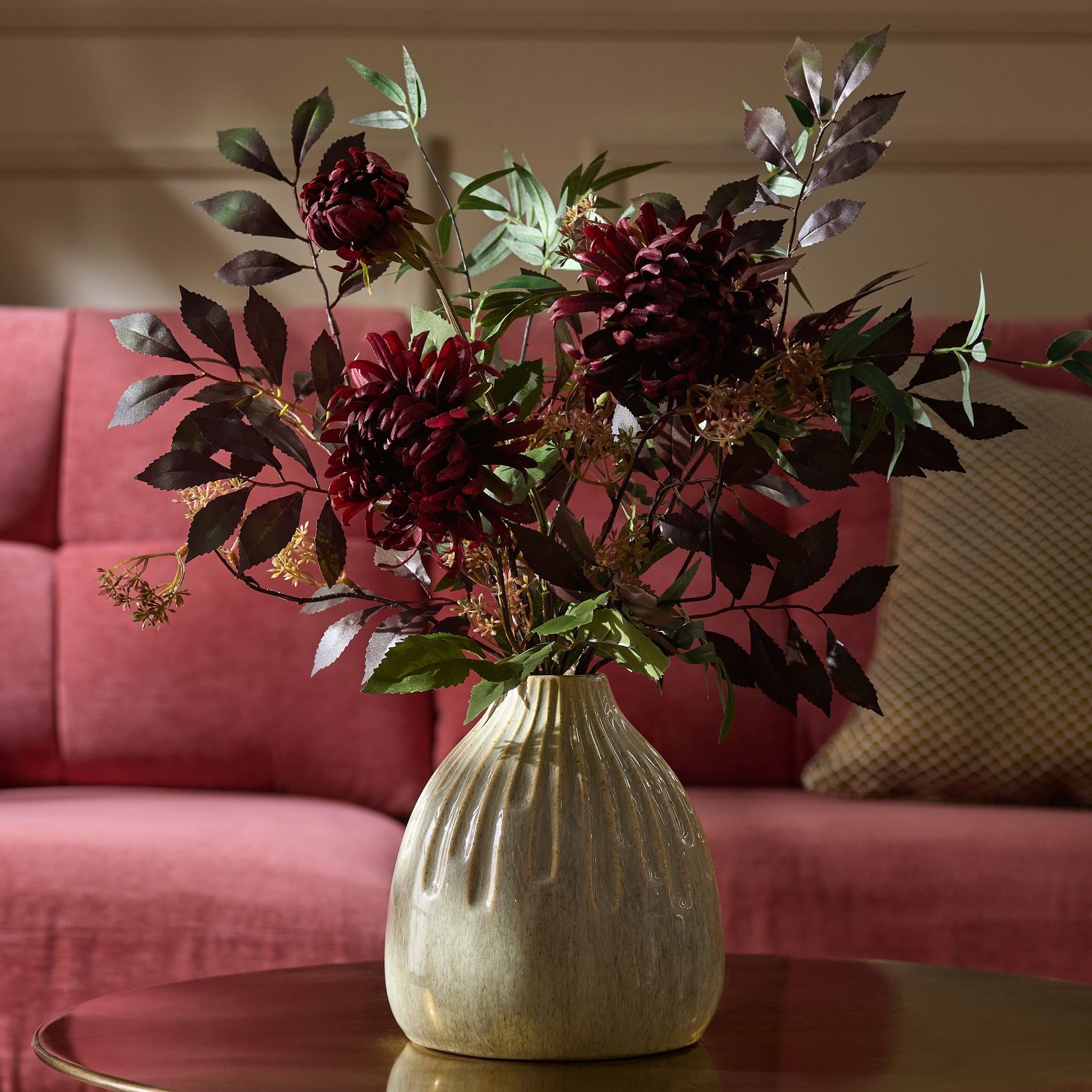 Burgundy Red Artificial Dark Floral Arrangement in Ceramic Vase