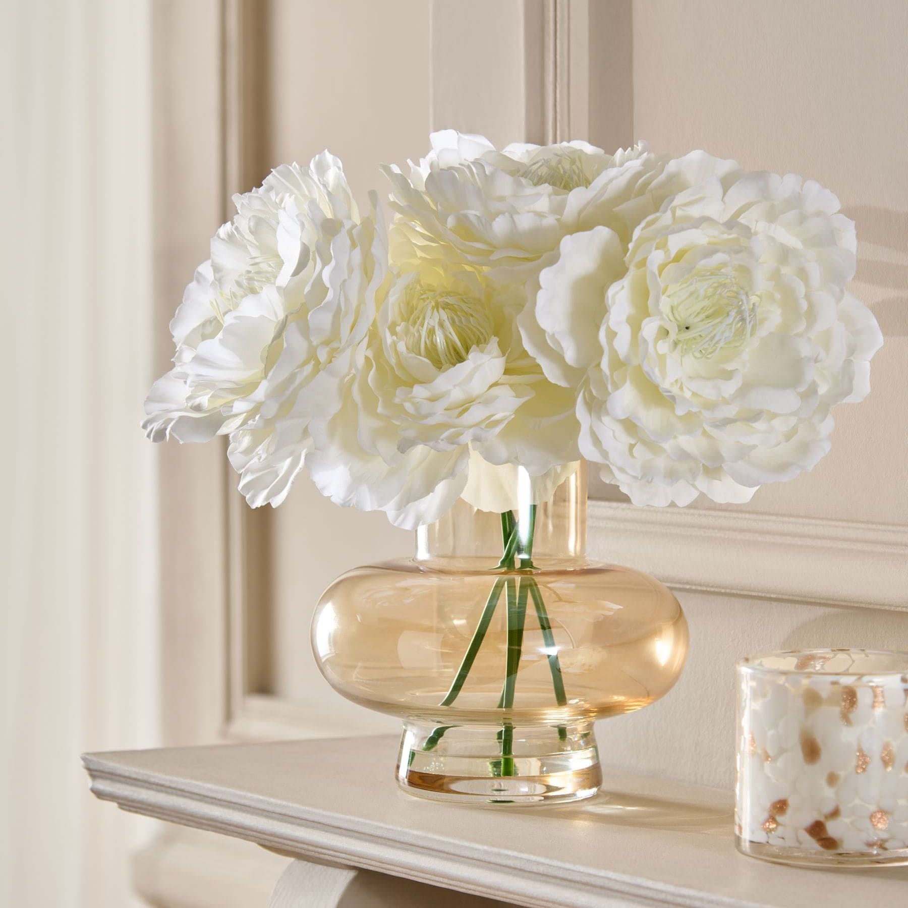 White Blousy Artificial Peonies in Gold Glass Vase - Size One