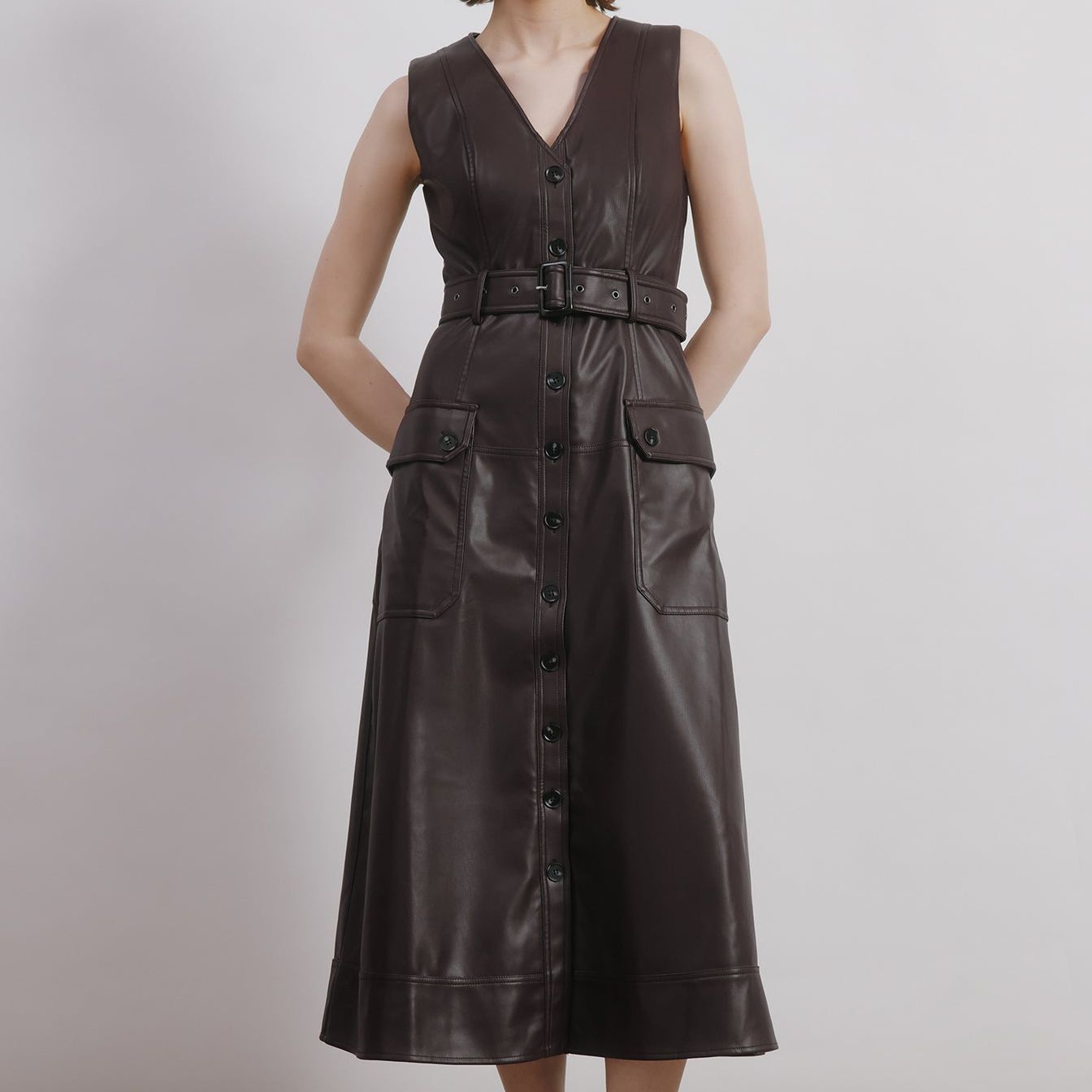Faux Leather Belted Dress - 8